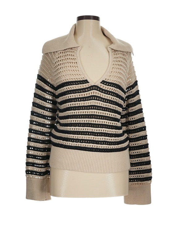J. Crew Sweaters - J. Crew Crochet Sailor Collar Sweater in Stripe M Tan Black Beachy Nautical